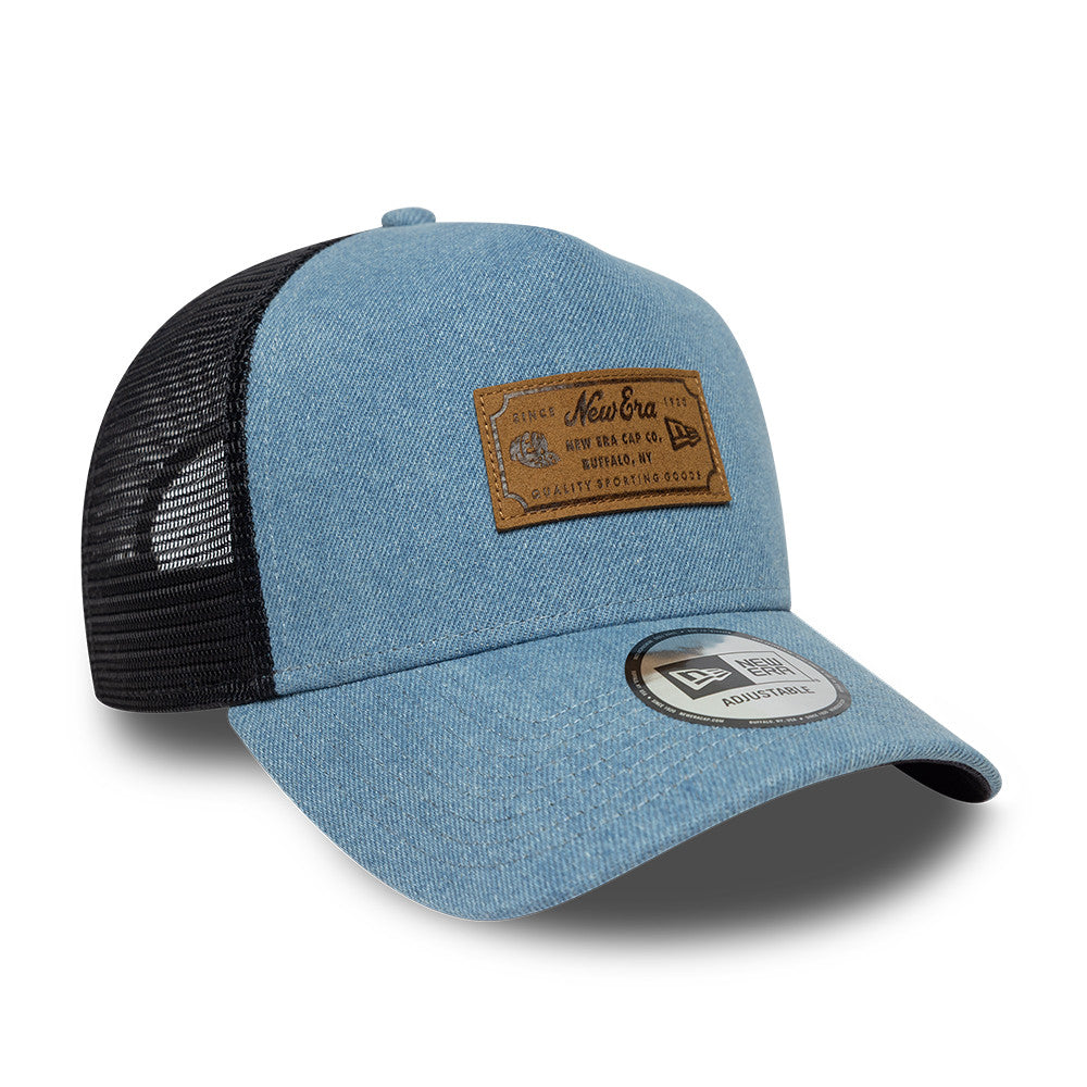 Branded Denim Leather Patch AFrame Snapback Trucker New Era Blue