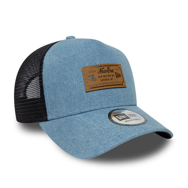 Branded Denim Leather Patch AFrame Snapback Trucker New Era Blue