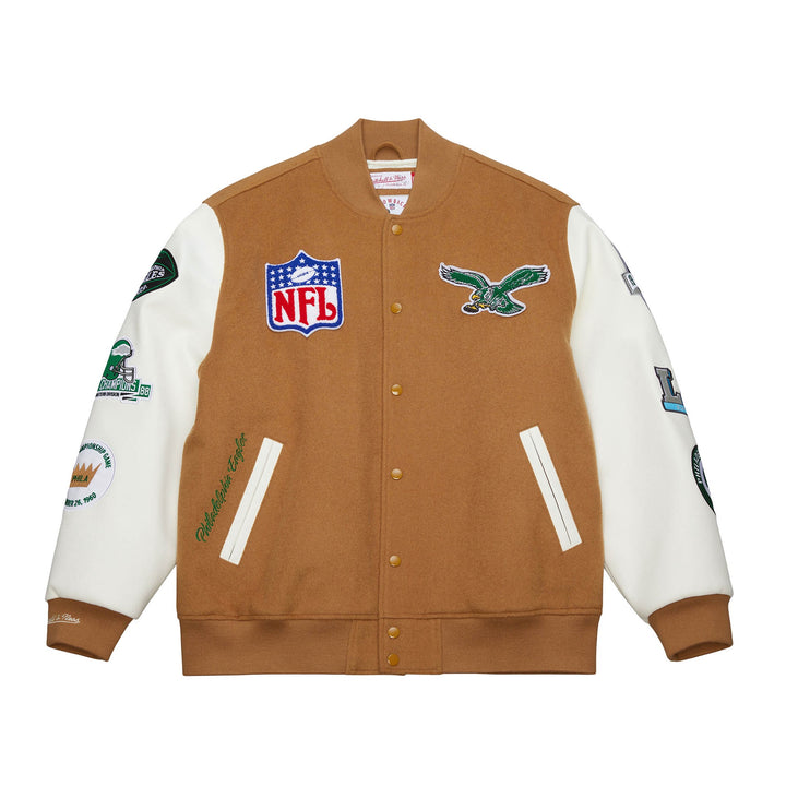 Philadelphia Eagles NFL Dusted Collection Varsity Jacket Vintage Logo Mitchell &amp; Ness