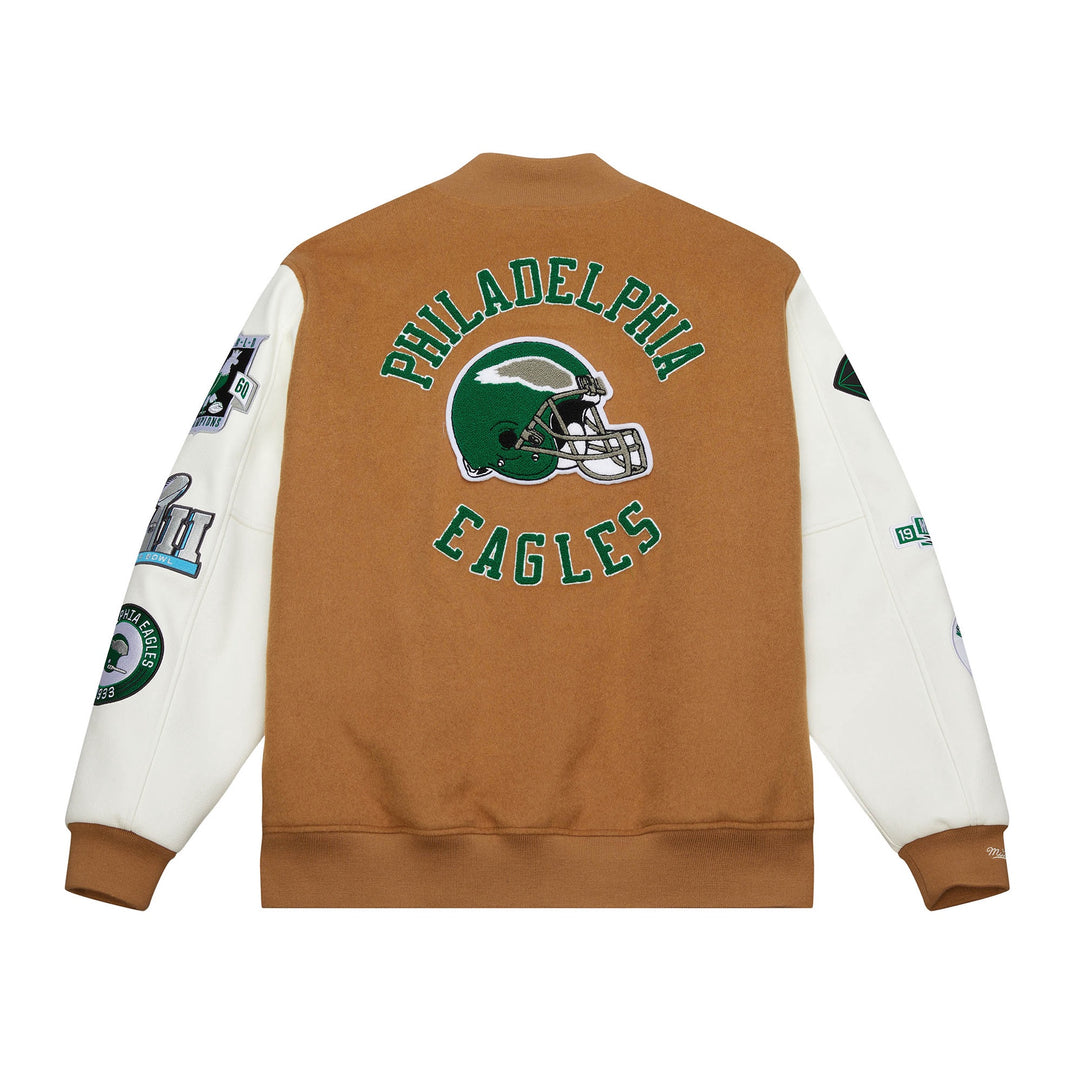 Philadelphia Eagles NFL Dusted Collection Varsity Jacket Vintage Logo Mitchell &amp; Ness