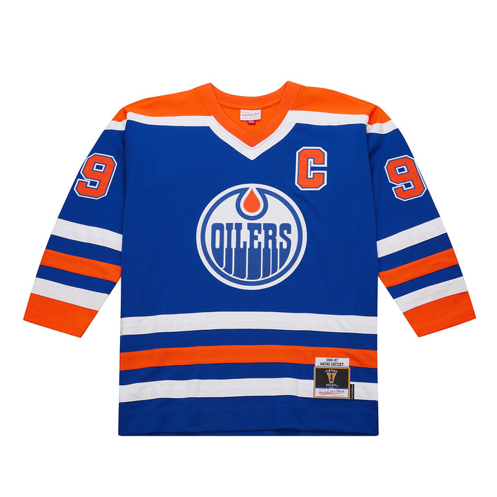Wayne Gretzky Edmonton Oilers NHL 1986-87 Power Play Dark Jersey Mitchell &amp; Ness Blue/Orange