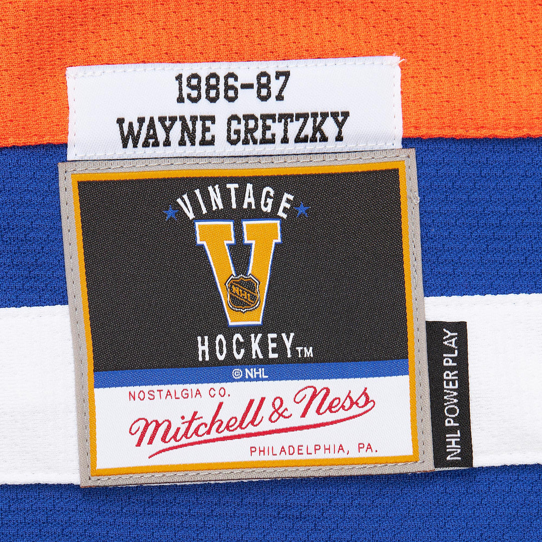 Wayne Gretzky Edmonton Oilers NHL 1986-87 Power Play Dark Jersey Mitchell &amp; Ness Blue/Orange