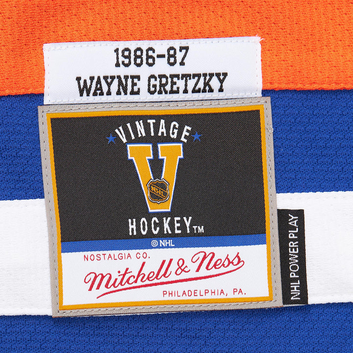 Wayne Gretzky Edmonton Oilers NHL 1986-87 Power Play Dark Jersey Mitchell &amp; Ness Blue/Orange