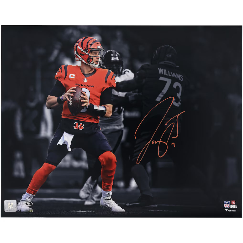 Joe Burrow Cincinnati Bengals Autographed Photograph Fanatics Authentic 16" x 20" Orange Passing Spotlight